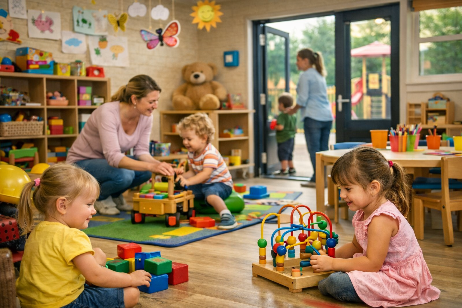 Kinderdagverblijf met kinderen en begeleiders