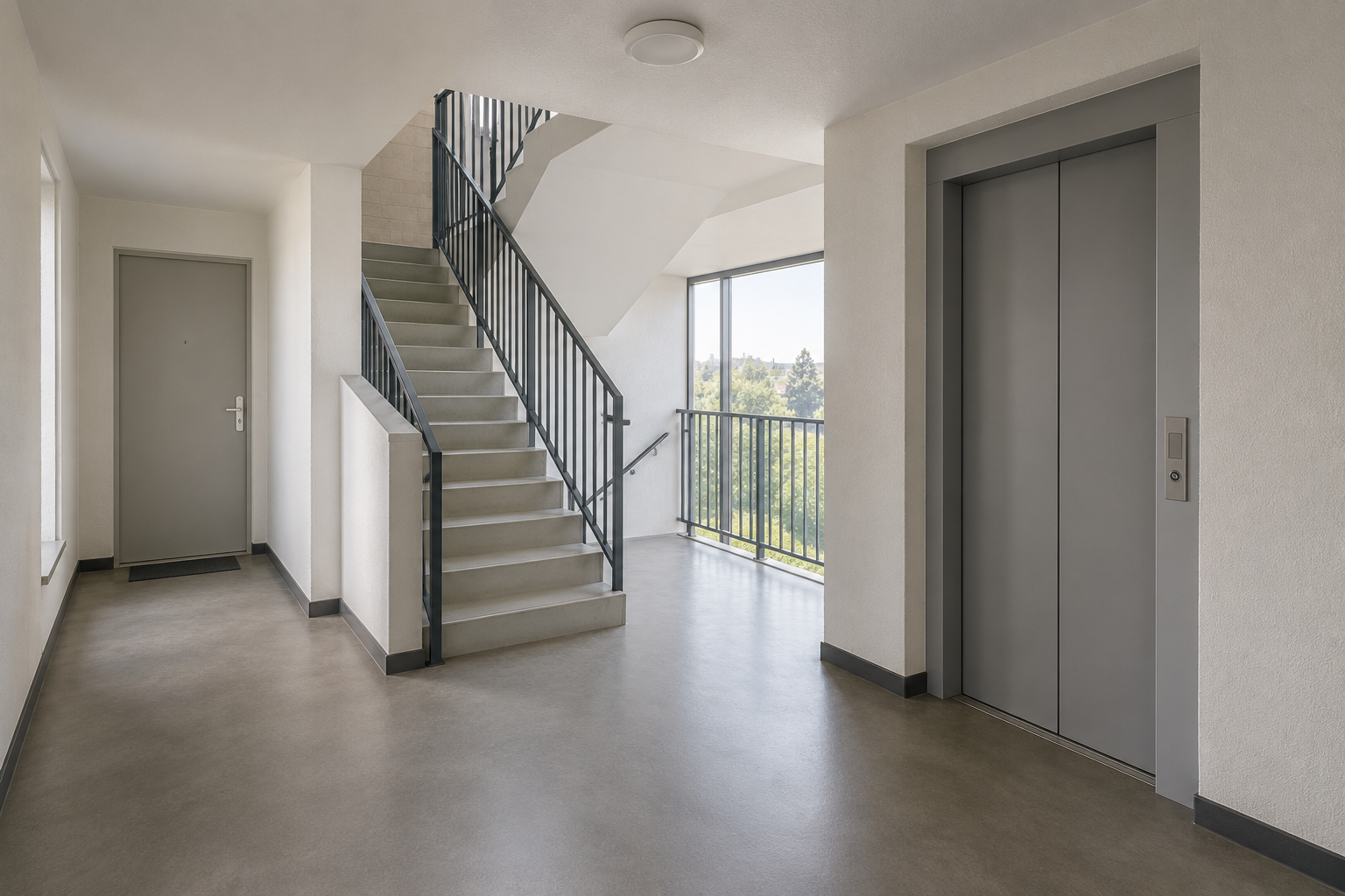 Moderne gemeenschappelijke ruimte met trap en lift