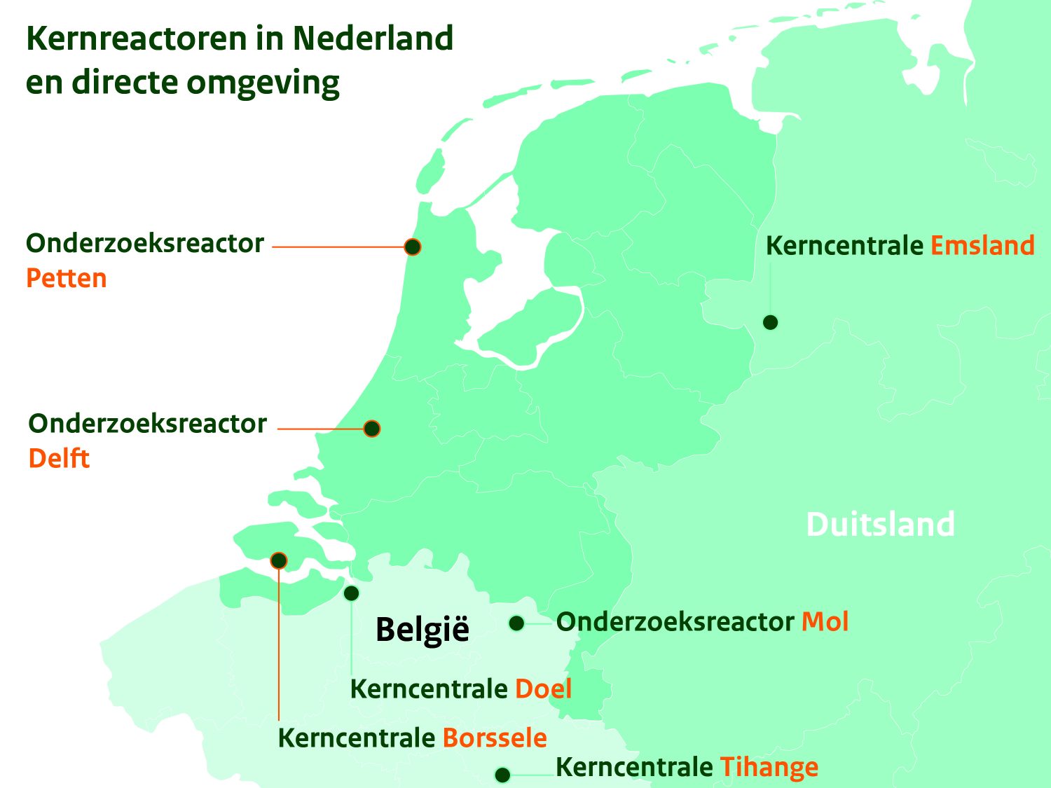 Kaart met overzicht kernreactoren Nederland
